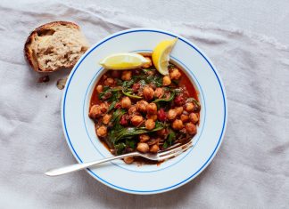 Thomasina Miers’ recipe for chickpea, black pudding and spinach ragu